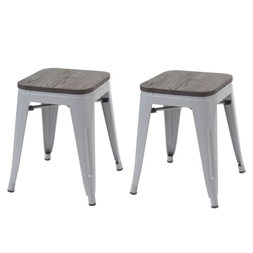 Lot De 2 Tabourets Bas Assise En Bois Empilable En Métal Design Industriel En Métal Gris 04_000050