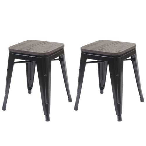 Lot De 2 Tabourets Assise En Bois Empilable Design Industriel En Métal Noir 04_0005215
