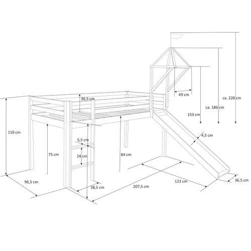 Lit Mezzanine 90x200cm Avec Échelle Toboggan En Bois Blanc Et Toile Rose Incluse Lit06153