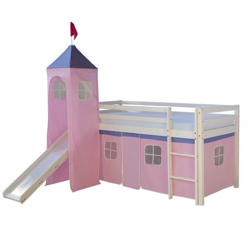Lit Mezzanine 90x200cm Avec Échelle Toboggan En Bois Blanc Et Toile Rose Incluse Lit06153