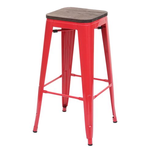Lot De 4 Tabourets De Bar Design Industriel Empilables Assise En Bois En Métal Rouge 04_0005222