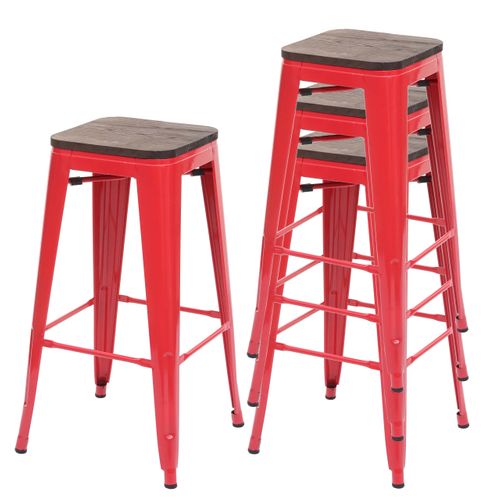 Lot De 4 Tabourets De Bar Design Industriel Empilables Assise En Bois En Métal Rouge 04_0005222