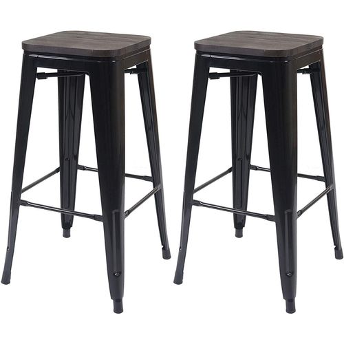 Lot De 2 Tabourets De Bar Style Industriel Factory En Métal Noir Assise En Bois Tdb04046