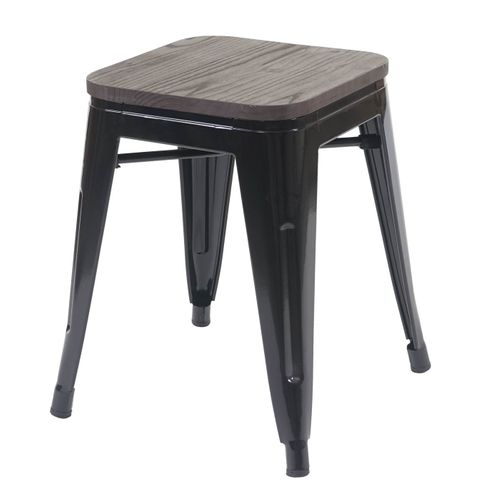 Set De 4 Tabourets Bas Assise En Bois Cadre En Métal Noir Design Industriel Empilable 04_0005231