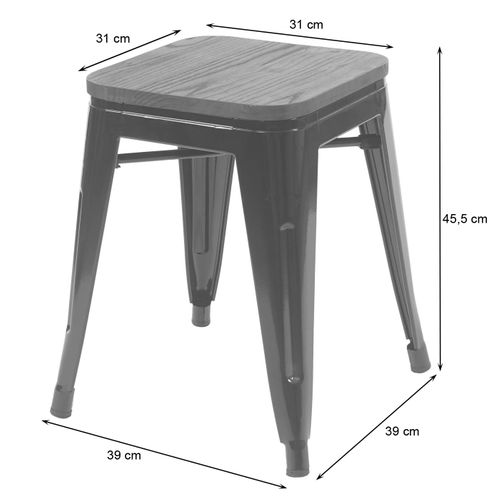 Set De 4 Tabourets Bas Assise En Bois Cadre En Métal Noir Design Industriel Empilable 04_0005231
