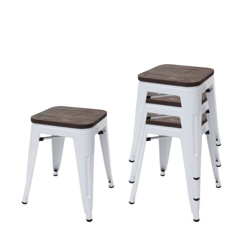 Lot De 4 Tabourets Bas Design Industriel Empilables Assise En Bois En Métal Blanc 04_0005229