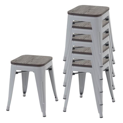 Lot De 6 Tabourets Bas Avec Assise En Bois Empilable En Métal Design Industriel Gris 04_0000913