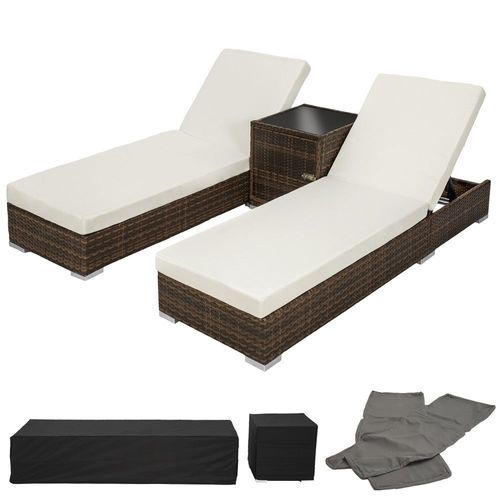 Lot De Deux Chaises Longue Bain De Soleil En Résine Tressé Poly Rotin + Table + Deux