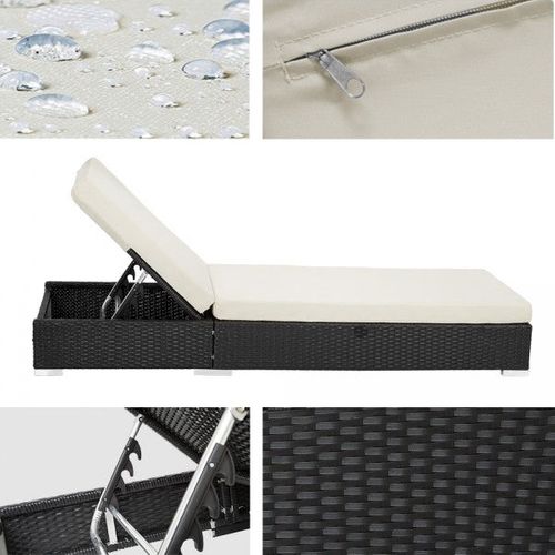 Lot De Deux Chaises Longue Bain De Soleil En Résine Tressé Poly Rotin Noir + Table + Deux Housse