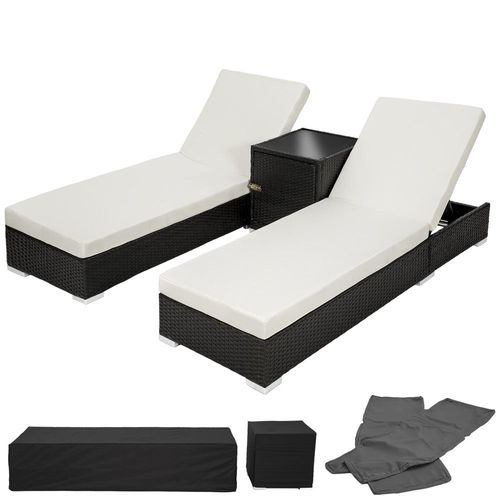 Lot De Deux Chaises Longue Bain De Soleil En Résine Tressé Poly Rotin Noir + Table + Deux Housse