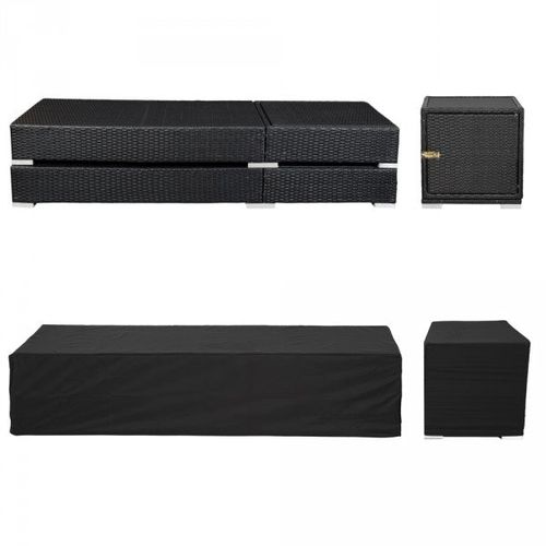 Lot De Deux Chaises Longue Bain De Soleil En Résine Tressé Poly Rotin Noir + Table + Deux Housse