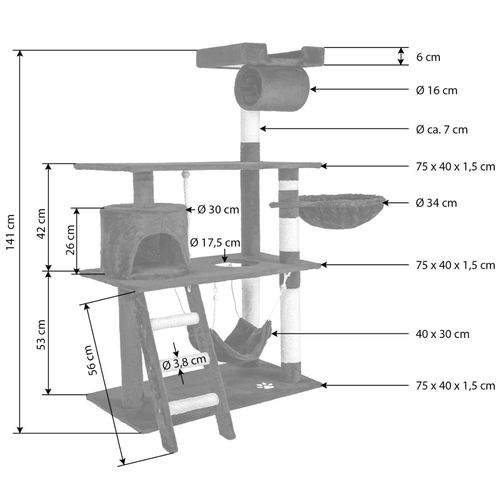 Arbre à Chat Griffoir Grattoir Niche Jouet Animaux Peluché Noir 141 Cm 08_0000514