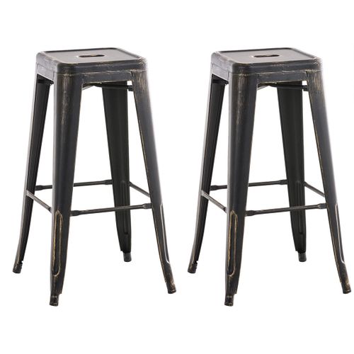 Lot De 2 Tabourets De Bar Style Industriel En Métal Avec Repose-pieds Noir Or Vieilli Vintage Tdb1