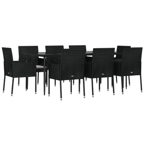 Mobilier à Dîner De Jardin 9 Pièces Et Coussins Noir Résine Tressée 02_0014831
