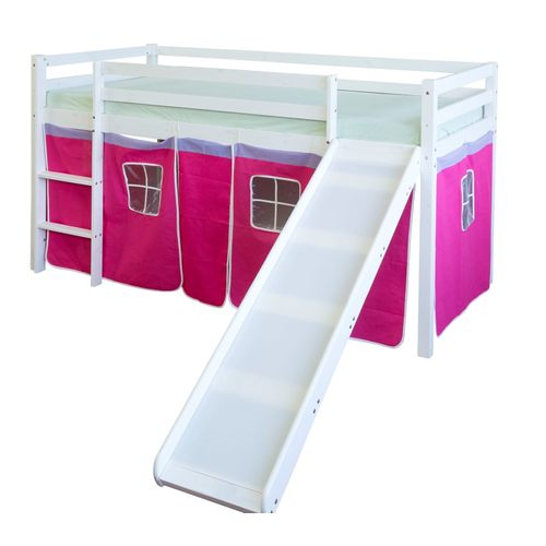 Lit Mezzanine 90x200cm Avec Échelle Toboggan En Bois Blanc Et Toile Rose Rouge Lit06114