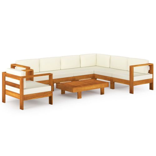 Salon De Jardin Meuble D'extérieur Ensemble De Mobilier 8 Pièces Avec Coussins Blanc Crème Bois