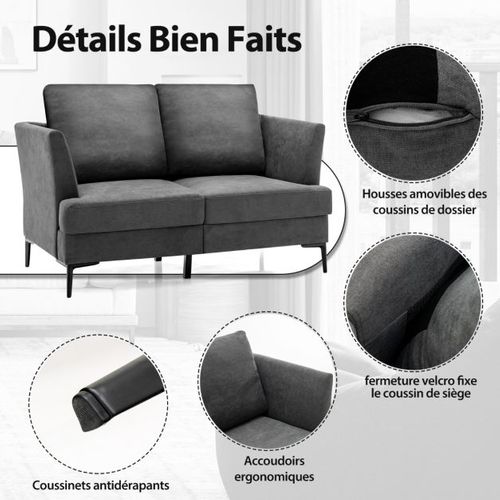 Canapé Droit 2 Places Moderne - 2 Coussins Amovibles - L 141 X P 80 X H 72 Cm En Tiss