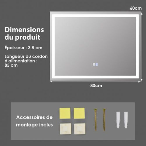Miroir De Salle De Bain LED 80 X 60 Cm Avec 3 Eclairages Interrupteur Tactile Et Fonction Anti-bué