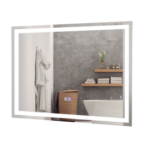 Miroir De Salle De Bain LED 80 X 60 Cm Avec 3 Eclairages Interrupteur Tactile Et Fonction Anti-bué