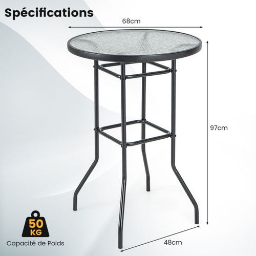 Table De Bar De Jardin En Verre Trempé 97 Cm Patins Antidérapants Cadre En Métal