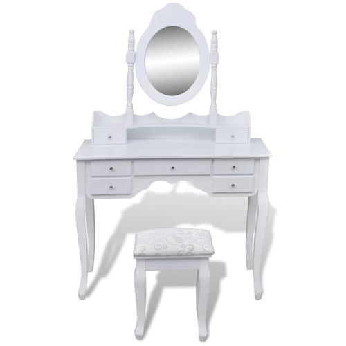Coiffeuse 93 X 39 X 74,5 Cm Avec Miroir Et Tabouret 7 Tiroirs Blanc 02_0021269