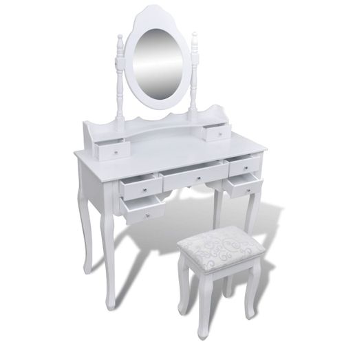 Coiffeuse 93 X 39 X 74,5 Cm Avec Miroir Et Tabouret 7 Tiroirs Blanc 02_0021269
