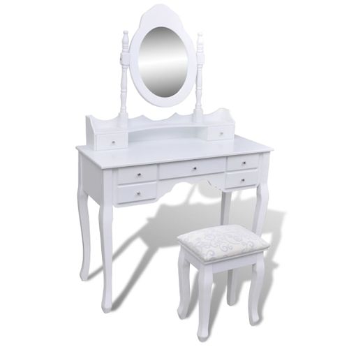 Coiffeuse 93 X 39 X 74,5 Cm Avec Miroir Et Tabouret 7 Tiroirs Blanc 02_0021269