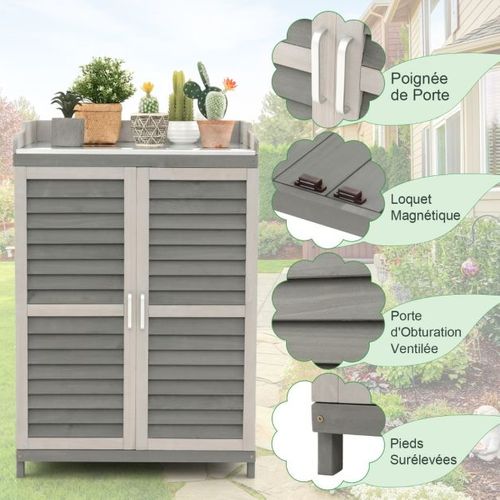 Abri De Jardin Extérieur à 2 Étagères Et Plateau En Métal Plaqué Cabane De Rangement