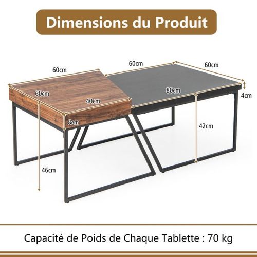 Lot De 2 Tables Basses Gigognes Avec Cadre Métal, Tables D'appoint Style Industriel Avec 8 Pieds