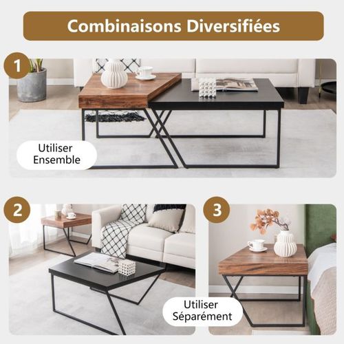 Lot De 2 Tables Basses Gigognes Avec Cadre Métal, Tables D'appoint Style Industriel Avec 8 Pieds