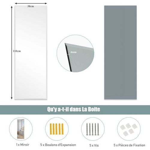 Miroir Mural Psyché Rectangulaire Sans Cadre 110 X 38 Cm Pleine Longueur Bord Biseaut