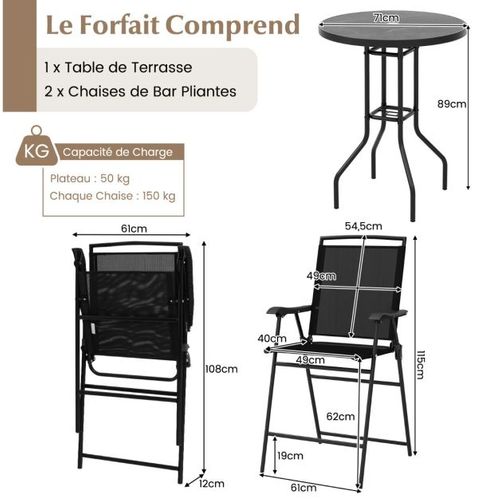 Bistrot Pour Patio 3 Pièces Table Et Chaises Pliantes De Bar De Jardin Avec Plateau D