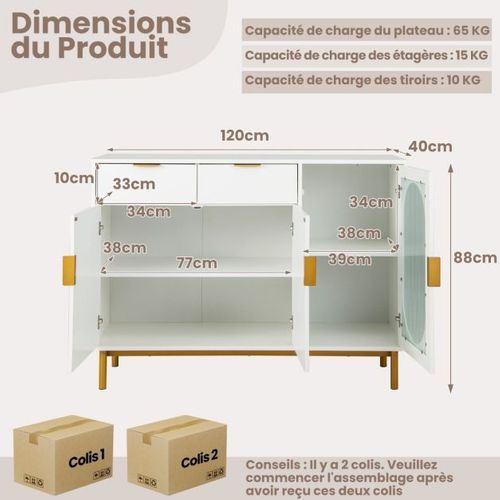 Buffet Avec 3 Portes Et 2 Tiroirs Verre Translucide Dispositif Anti-basculement