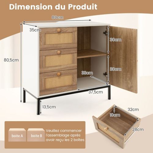 Buffet En Faux Rotin Armoire Basse D'appoint Avec 1 Porte Avec Étagères Et 3 Tiroirs
