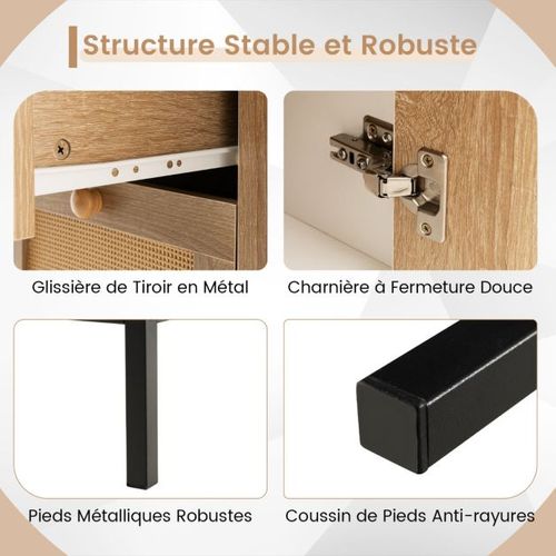 Buffet En Faux Rotin Armoire Basse D'appoint Avec 1 Porte Avec Étagères Et 3 Tiroirs