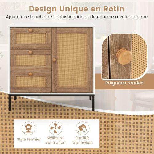 Buffet En Faux Rotin Armoire Basse D'appoint Avec 1 Porte Avec Étagères Et 3 Tiroirs