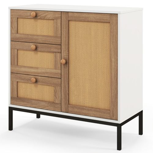 Buffet En Faux Rotin Armoire Basse D'appoint Avec 1 Porte Avec Étagères Et 3 Tiroirs