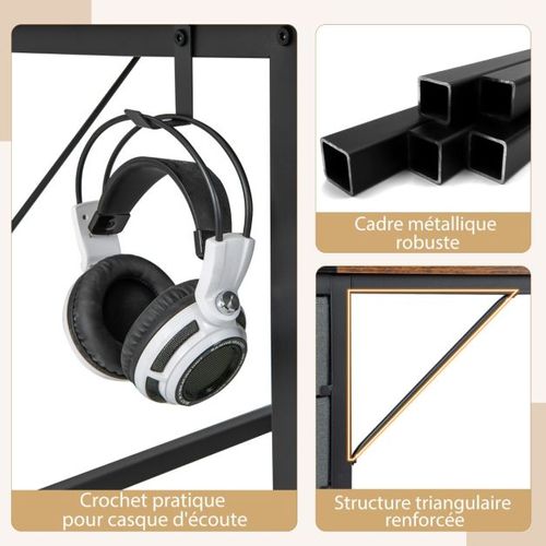 Bureau De 140 Cm Poste De Travail Informatique Moderne Avec 2 Tiroirs Crochet De Suspension Étagère