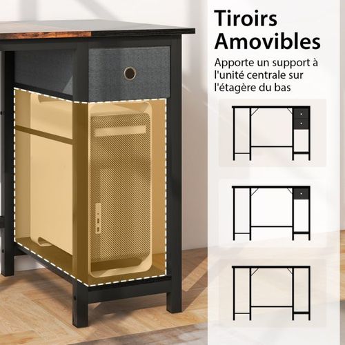 Bureau De 140 Cm Poste De Travail Informatique Moderne Avec 2 Tiroirs Crochet De Suspension Étagère