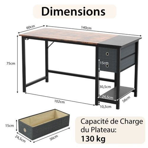Bureau De 140 Cm Poste De Travail Informatique Moderne Avec 2 Tiroirs Crochet De Suspension Étagère
