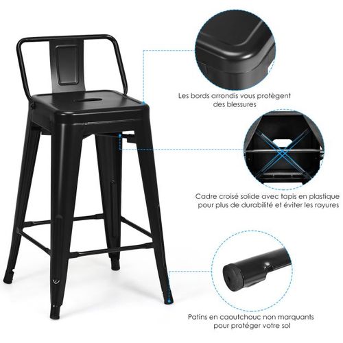 Lot De 4 Chaise Tabouret De Bar En Métal Empilable Dossier Du Tabouret Amovible De St