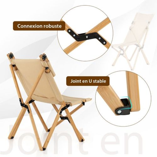 Chaise De Camping Pliante En Bambou Charge 150kg Avec Dossier Ajustable 48/60cm En To