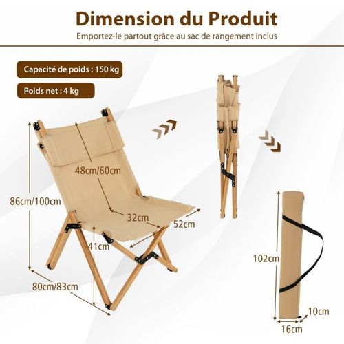 Chaise De Camping Pliante En Bambou Charge 150kg Avec Dossier Ajustable 48/60cm En To