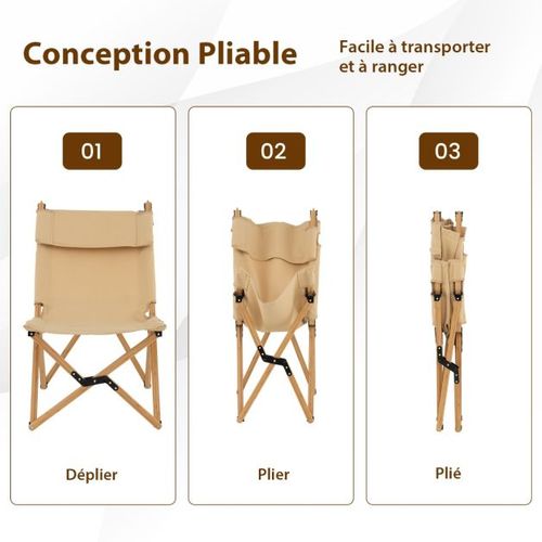 Chaise De Camping Pliante En Bambou Charge 150kg Avec Dossier Ajustable 48/60cm En To