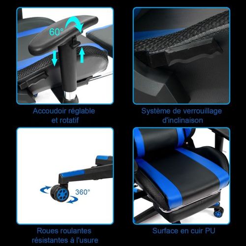 Chaise Gaming Fauteuil De Bureau Hauteur Ajustable Et Dossier Inclinable Repose Pieds