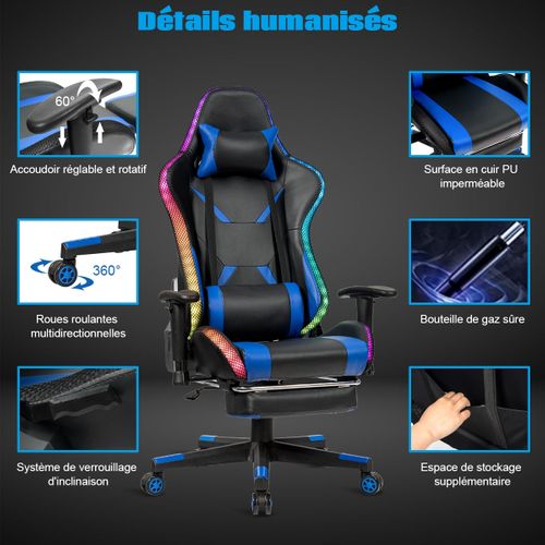 Chaise Gaming Fauteuil De Bureau Hauteur Ajustable Et Dossier Inclinable Repose Pieds