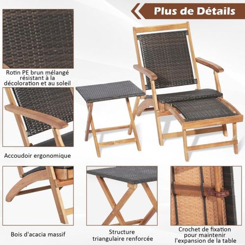 Chaise Longue En Rotin Avec Repose-pied Rétractable Table D'appoint Pliable Et Accoudoirs Pour Jar