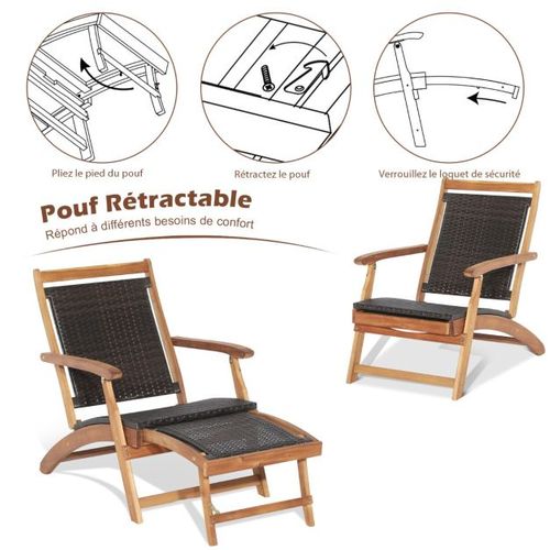 Chaise Longue En Rotin Avec Repose-pied Rétractable Table D'appoint Pliable Et Accoudoirs Pour Jar