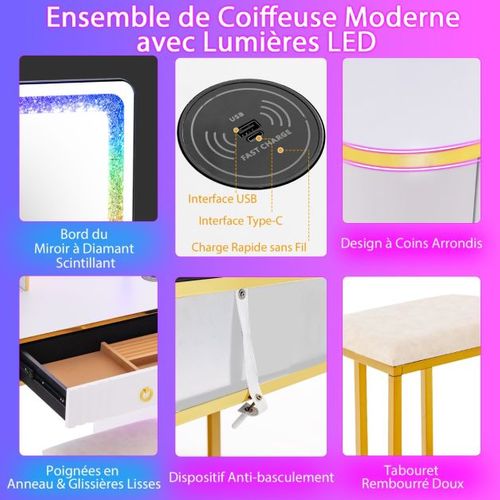 Ensemble De Coiffeuse Avec Miroir Lumières Et 4 Tiroirs 7 Lumières LED Rvb Dynamiques