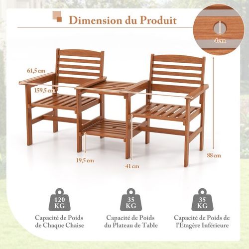 Ensemble De Meubles De Patio 2 Places En Bois Causeuse D'extérieur Avec Table Basse Et Trou